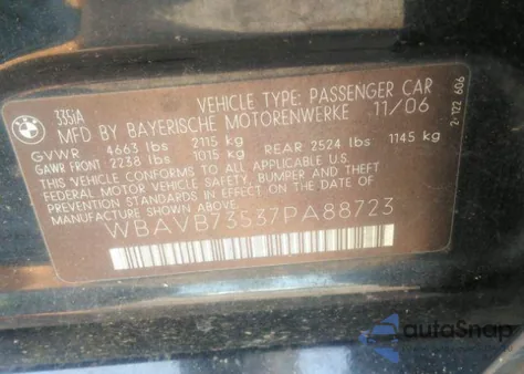 2007 BMW 335I z USA, uszkodzony, nr VIN WBAVB73537PA88723